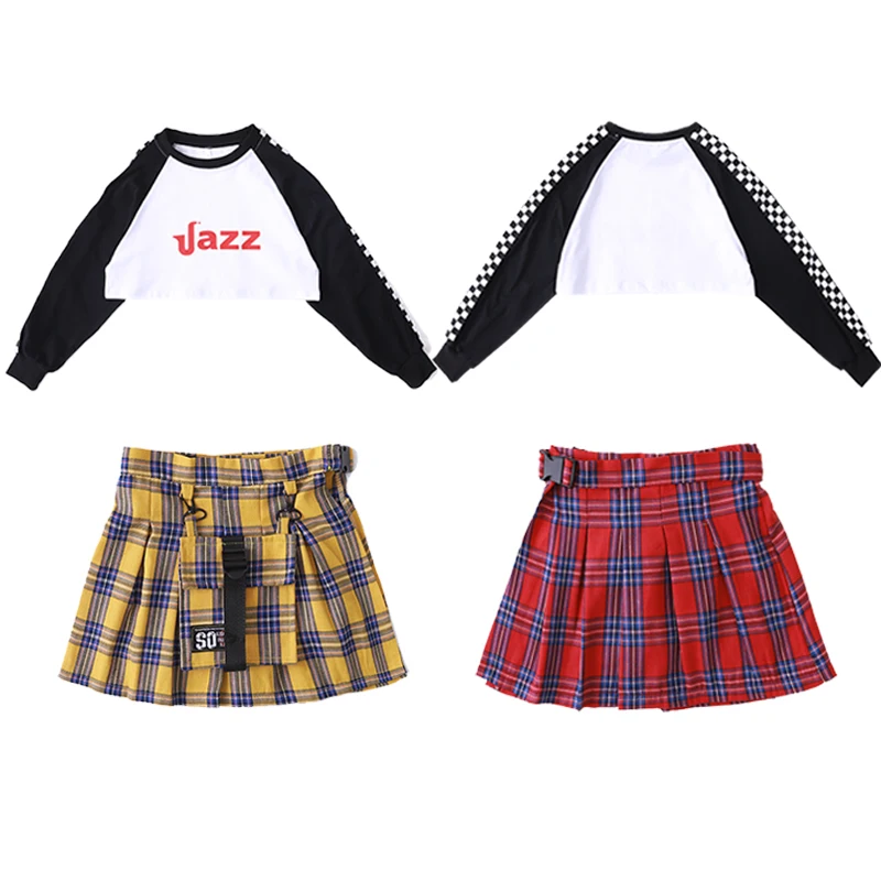 Children Hip Hop festival Clothing Sweatshirt Shirt Tops Plaid Skirt for Girls Dance Costume Wear Ballroom Dancing Clothes