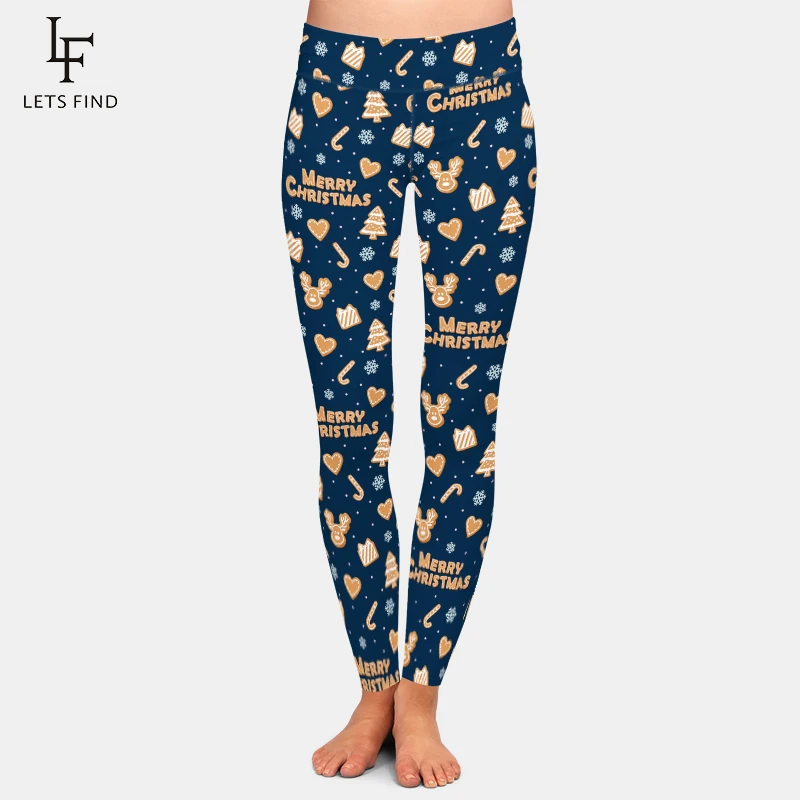 цена LETSFIND Women Winter Pants Fashion Christmas Gingerbread Cookies and Snowflakes Print High Waist  Fitness Leggings