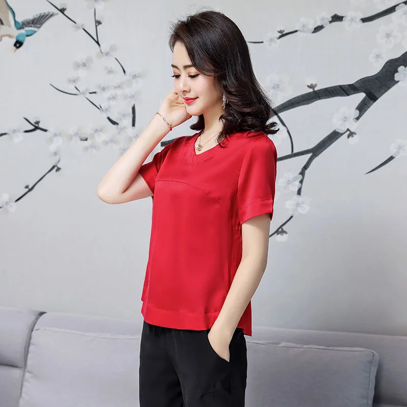 

Plus Size Womens Tops and Blouses Real Silk Shirts Short Sleeve Blouse Ladies Office Wear Roupa Feminina LWL1577