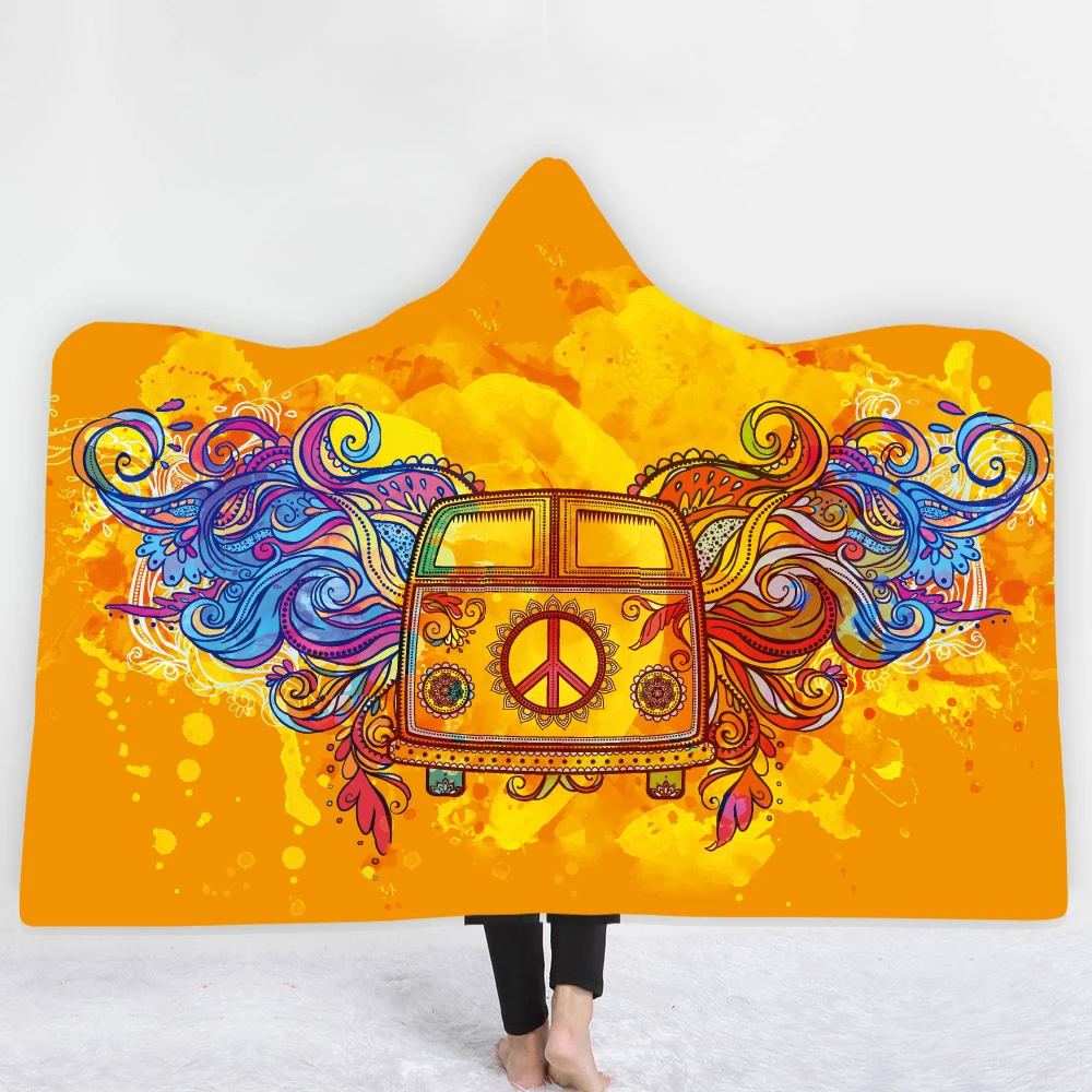 Одеяло с капюшоном с буквами и цветами, с 3D принтом «Love Peace», с капюшоном, очень мягкое одеяло из микроволокна кораллового флиса, s, для зимних подарков - Цвет: Темно-синий