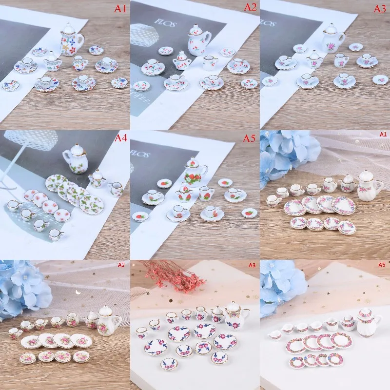 

1:12 Miniature 15Pcs Porcelain Tea Cup Set Chintz Flower Tableware Kitchen Dollhouse Furniture Toys For Children