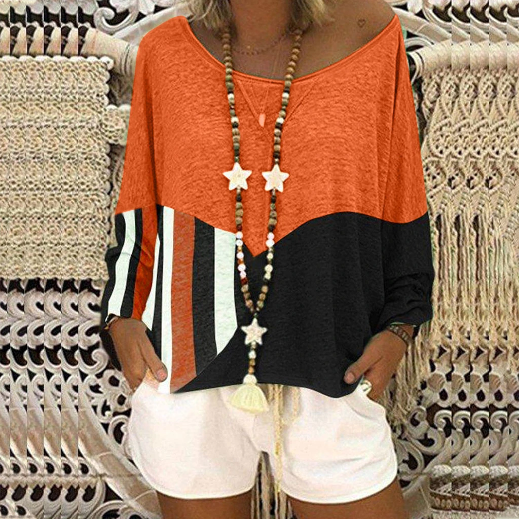 JAYCOSIN Fashion Blouse Casual Loose Round Neck Long Sleeve Color Matching Shirts Blouses Embroidery Casual Women Full Shirt 722