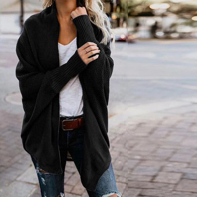 

Women Large Size Knitted Sweater Cardigan 2019 Autumn Winter Bat Sleeve Cardigan Lady Elegant Solid Color Jumper Coat Puls Size