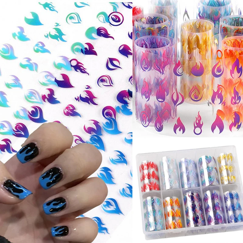 

3D Flame Nail Sticker Laser Multicolor Blue Red Fire Nail Stickers Nail Art Transfer Foils Decals Design Nail Art Decorations