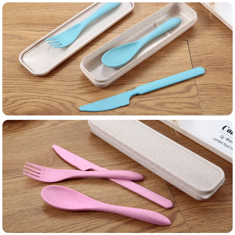 3pcs/set Travel Cutlery Portable Cutlery Box Japan Style Wheat Straw Knife Fork Spoon Student Dinnerware Sets Kitchen Tableware