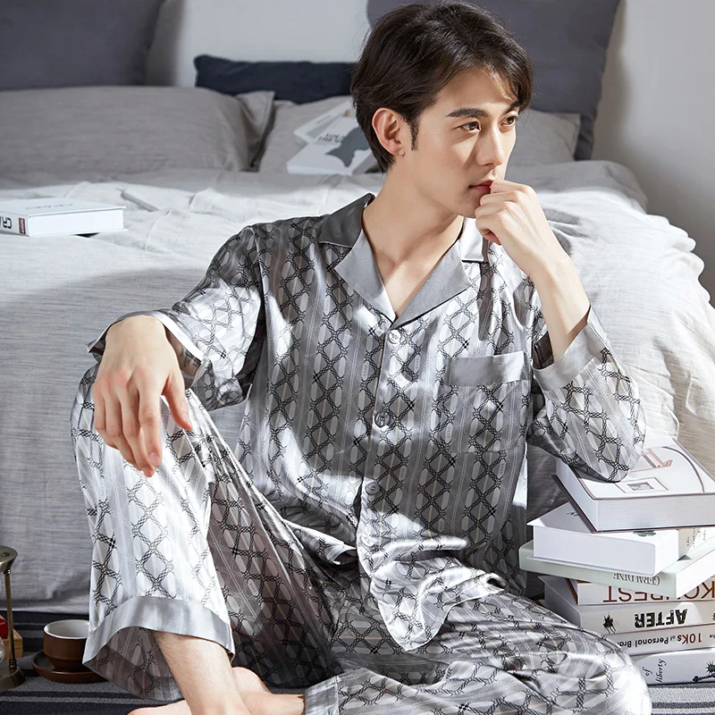 

100% Real Silk Pajamas For Men Pijamas Homme 2Pieces Man Homewear Long Sleeve Button-Down Home Clothes Sleepwear PJ Sets