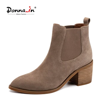 

Donna-in Block High Heel Boots Women Chelsea Natural Suede Pointed Toe Cossacks Women Shoes 2020 Autumn Ankle Boots For Women