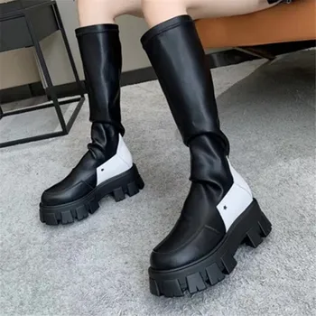 

Women Elastic Sock Boots Thick Sole Platform Shoes Woman Soft Leather Knee High Boot Slim Fit Botas Mujer Autumn Long Boot