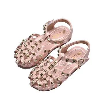 

Girls Fashion Sandals Pure Color Kids Princess Sandals with Rivets Covered-toes Soft Bottom Children Beach Shoes
