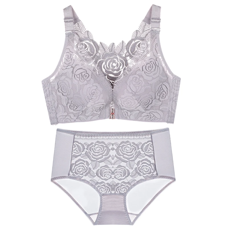 plus size underwear sets Large size front buckle rose underwear set without steel bracket woman large bra fat MM 200 kg large size bra set 52D 120D lace bra set Bra & Brief Sets