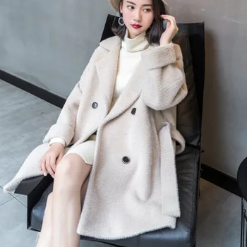 

Woolen Coat Women Winter 2020 Herringbone Korea Style Gold Mink White Long Loose Double-breasted Plus Size Overcoat Mujer Parkas