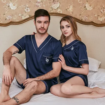 

2020 Summer New Pajamas Set Sleepwear Couples 2PCS Sleep Suit Satin Shirt&Shorts Intimate Lingerie Casual Nightwear Bathrobe