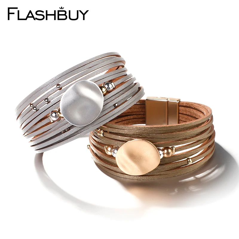 Flashbuy, металлические очаровательные многослойные кожаные браслеты для женщин, модные золотые и Серебристые Металлические Магнитные браслеты, женские браслеты