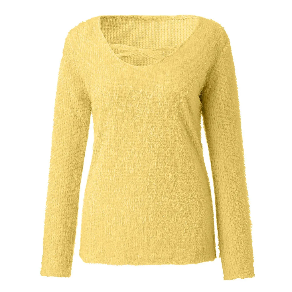 Yellow Меховой топ с круглым вырезом camisa feminina, сексуальные тонкие однотонные толстовки, повседневные зимние топы, офисная одежда, осенняя одежда Женская сорочка femme 10,22 - Цвет: Yellow