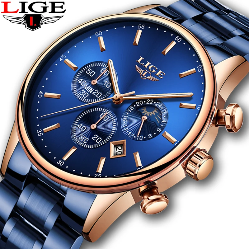 

LIGE Fashion Blue Mens Watches Top Brand Luxury All Steel Mesh Belt Quartz Watch Men Waterproof Sport Clock Relogio Masculino