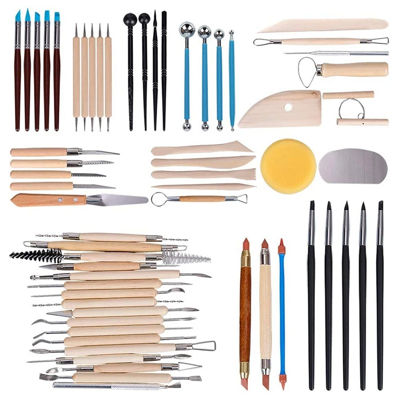 WOWENWO 31 Pieces Carving Tool Set,22 Pieces Wooden Pottery Sculpting Tools,5 Pieces Ceramic Clay Indentation Tool,4 Pieces Double-ended Metal Ball Tools with Roll Up Pouch Case