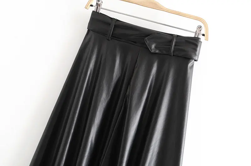 Женская винтажная юбка из искусственной кожи с поясом элегантная Офисная Женская черная юбка миди из искусственной кожи Модные плиссированные повседневные женские юбки