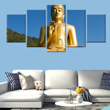 

HD Printing Golden Giant Buddha Poster Canvas Painting 5 Panel Wall Artist Residence Decoration Picture
