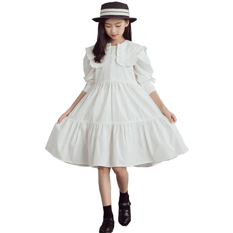 

White Ruffle Layers Teen Girls Dress Cotton Teenager French Style Outfit Fall Clothes For Kids