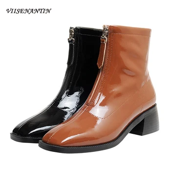 

Patent Leather Square Toe Short Boots Women's All-match Thick Heel Fashion Front Zipper New Autumn Winter Mid-heel Ankle Boots