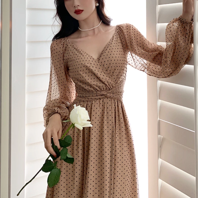 21 Winter Vintage Midi Dress Women Dot Elegant One Piece Dress Korean Fashion Puffer Sleeve Evening Party Dress Casual V Neck Dresses Aliexpress