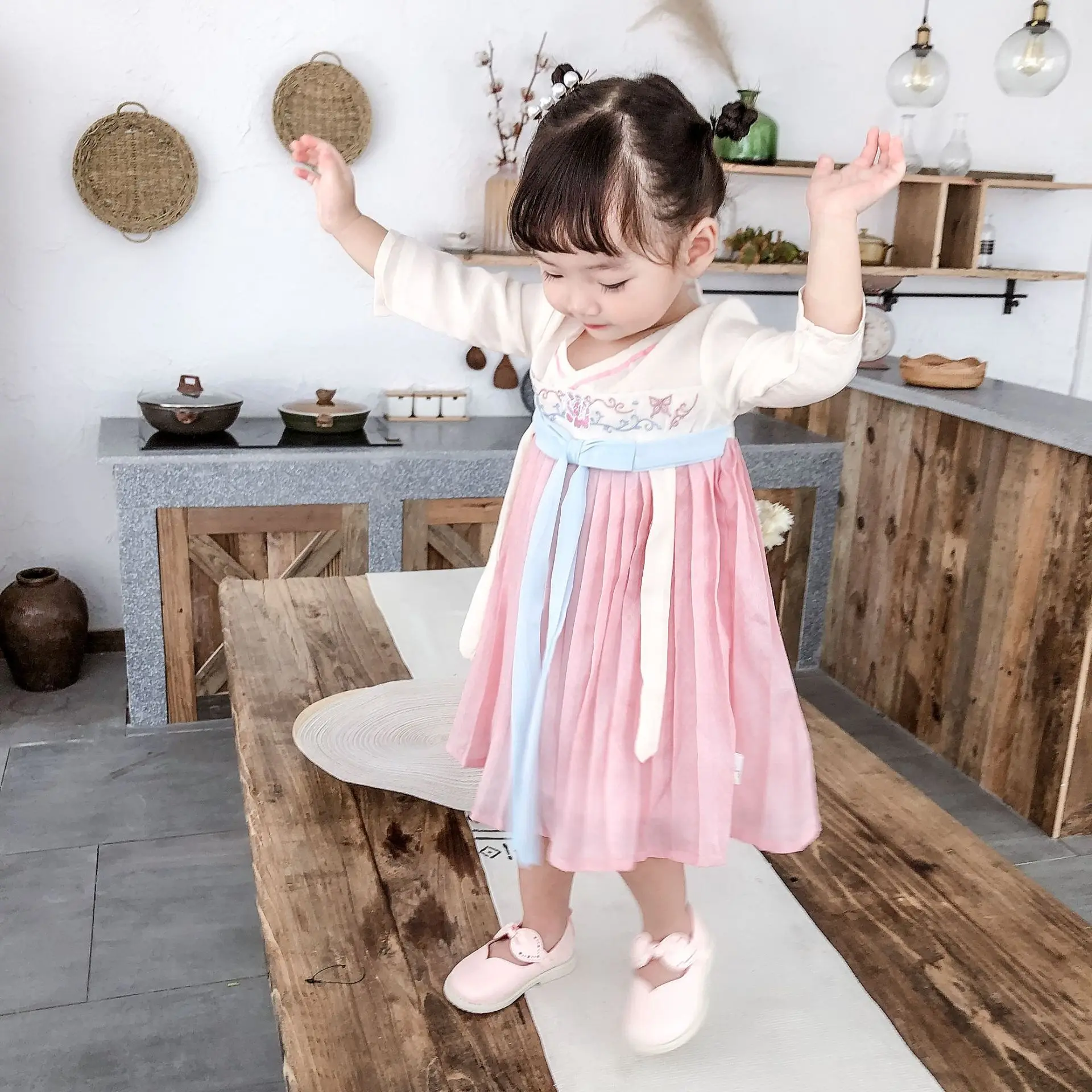 

Childrenswear 2019 Baby Girls Chiffon Chinese Clothing Chinese-style Long Sleeve Chest-high Dress Dq136