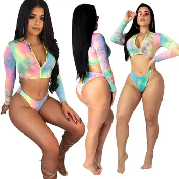 

2019 new swimsuit European and American women's long-sleeved T-shirt shorts suit printing sexy swimsuit suit