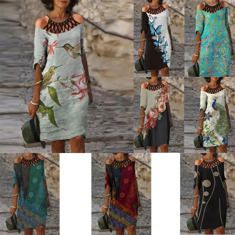

Summer Fashion Retro Sexy Halter Strapless Half Sleeve Women's Mid Dress New Casual Print Loose Straight Ladies Dresses