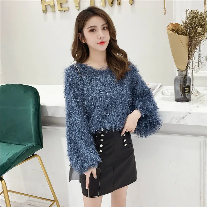

2019 Spring Autumn New Women O-Neck Plush Sweater Korean Fashion Lady Tassel Knit Pullover Oversize Short Sweater Top Jumper A07