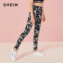 SHEIN Kiddie/черные леггинсы с геометрическим принтом, широкий пояс на талию детские штаны г., осенняя одежда с высокой талией, обтягивающие брюки