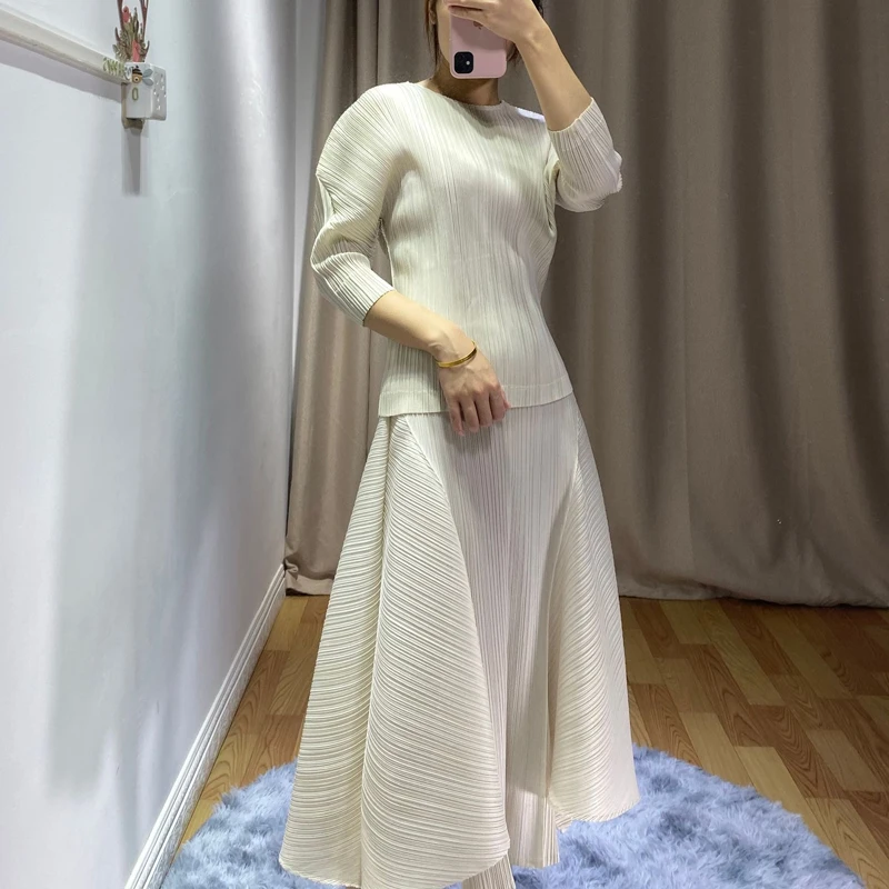 Весенняя Новинка MIYAKE плиссированная Однотонная юбка асимметричная Высокая талия тонкий профиль большой маятник длинная юбка