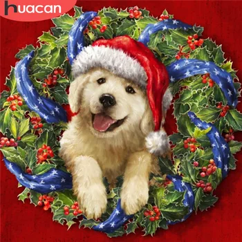 

HUACAN Diamond Embroidery Dog Cross Stitch 5D DIY Diamond Painting Animal Needlework Mosaic Christmas Wreath Gift Decoration
