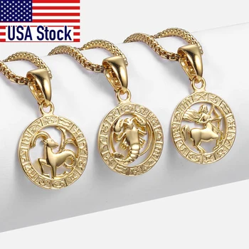 Hot Sale 12 Constellations Zodiac Sign Gold Pendant Necklace for Women Men Aries Leo 12 Horoscope Box Chain Gift Drop Shipping