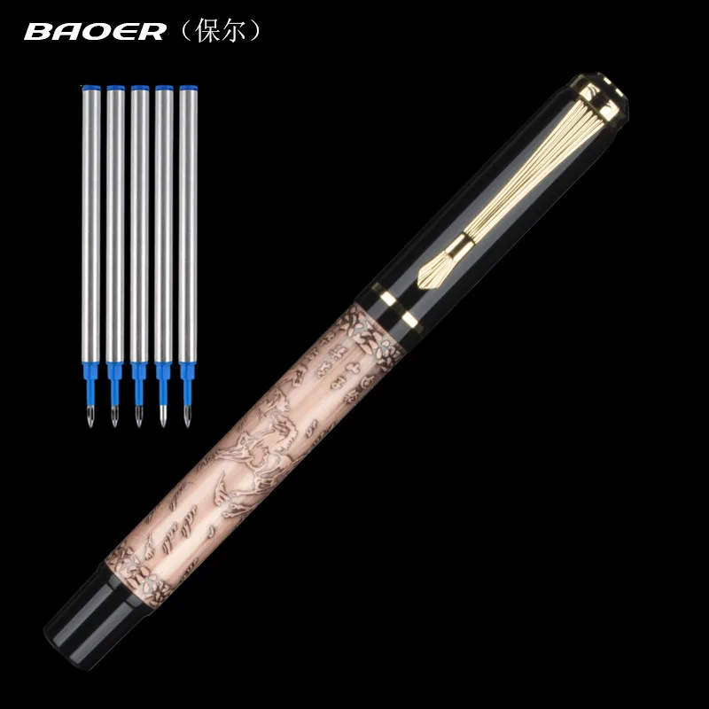 Baoer507 볼펜 롤러 볼펜 선물 Caneta 젤 펜 고급 선물 문구, 아름답게 양각 된 0.5mm 블랙 풀 커버 펜