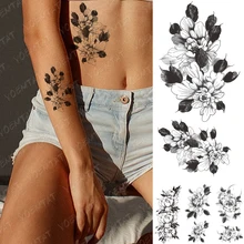 

Waterproof Temporary Tattoo Sticker Peony Plum Blossom Flower Black Flash Tattoos Female Minimalist Line Body Art Fake Tatto Men