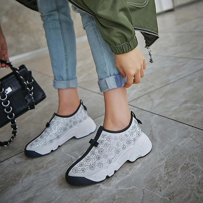 Women's mesh breathable slip-on flats sneakers leisure soft comfortable espadrilles Diamond-studded bowtie casual shoes women
