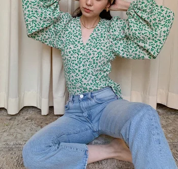 

Women Shirt Spring / Summer 2020 Shirt Women Green Leaf Printing Shirt Top