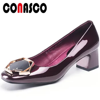 

CONASCO 2020 Fashion Classic Design Woman Pumps Microfiber Spring Autumn Casual Shallow Metal Decoration Square Toe Square Heels
