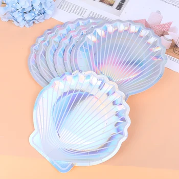 

8pcs Iridescent Sparkle Shell Paper Plates Mermaid Dish Theme Wedding Decor