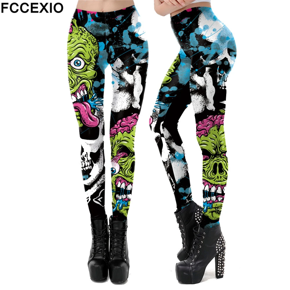 FCCEXIO 3D Printed Skull Halloween Tight Leggings Sports Women Fitness Sexy Skinny Leggins Pant Women чулки pantalones de mujer fleece leggings