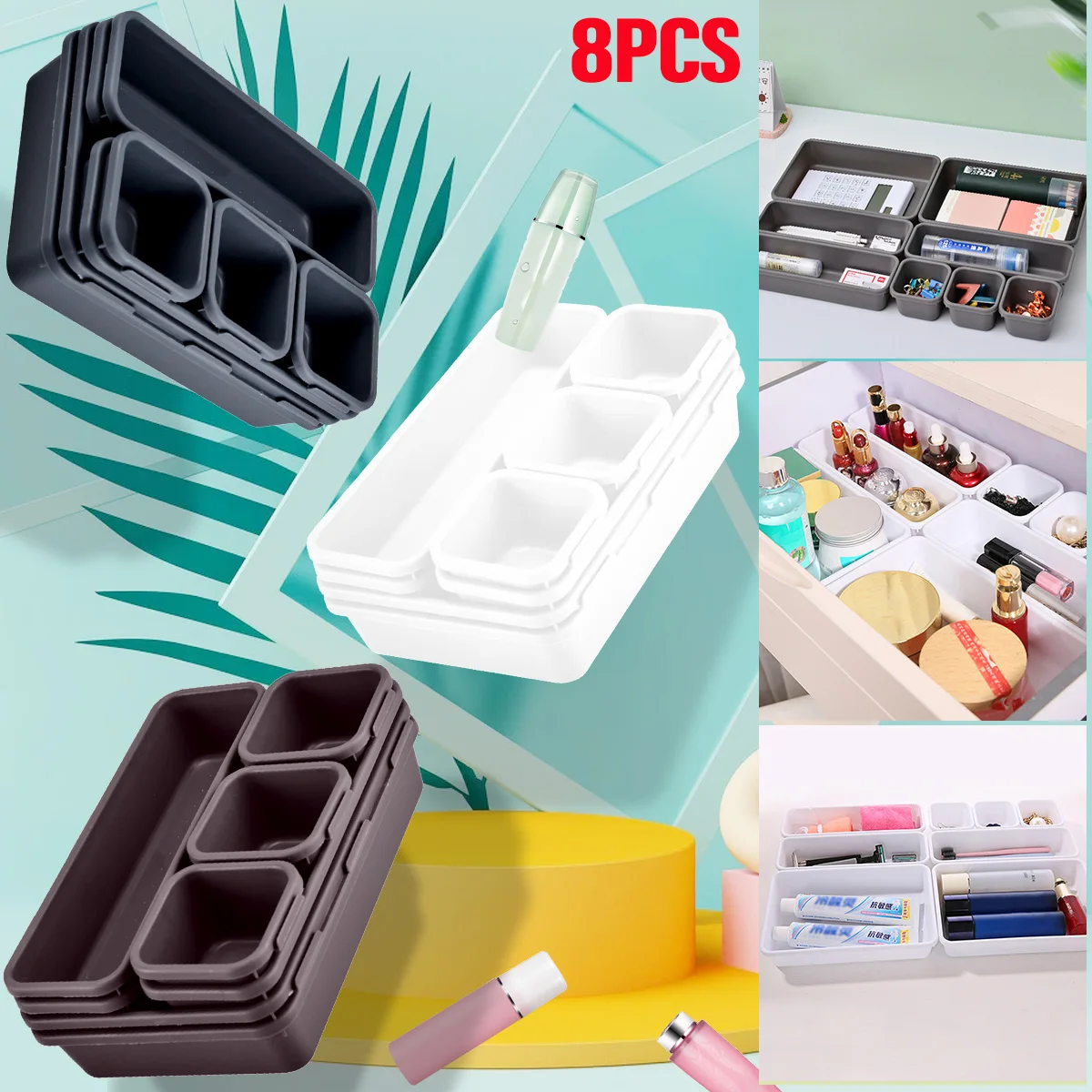 8pcs Divide Drawer Organizer Box Plastic Multipurpose Shallow Narrow