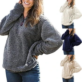 

Women Fleece Sweatshirt Winter Casual Loose Turn Down Collar Solid Loose Womens Pullover Warm Soft Zipper Female Fluffy Tops