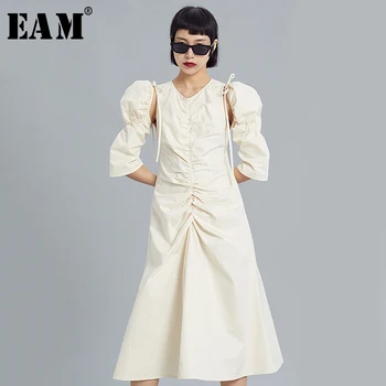 

[EAM] Women Apricot Drawstrign Pleated Midi Dress New Round Neck Puff Sleeve Loose Fit Fashion Tide Spring Summer 2020 1X6480