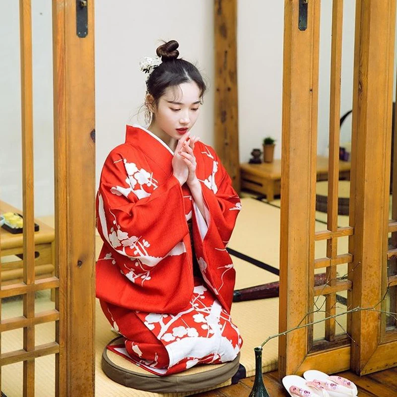 Женское японское традиционное хлопковое кимоно для косплея кимоно kawaii japan yukata кимоно женское кимоно с цветочным принтом платье с obi - Цвет: red