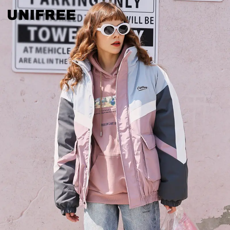 

UNIFREE tooling cotton clothing female Korean version of the loose long section hooded jacket female winter port wind UEE184O015