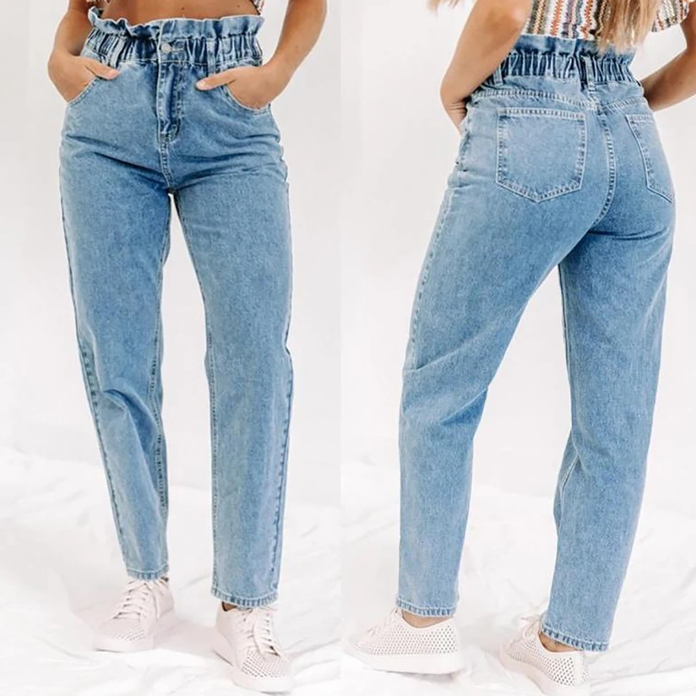 

New Autumn Winter Fashion Casual Denim Pants Womens Jeans High Waisted Straight Trouser for Women Blue Ankle-Length Pants D30