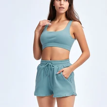 Conjunto esportivo sem costura de ioga, 2 peças, sutiãs e shorts, esportivo, com cadarços, para academia, corrida, treino