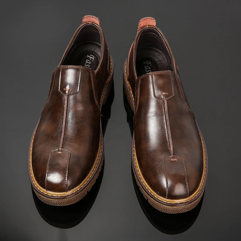 

2019 New Arrival Men Young Casual Shoes Slip-on Leather Shoes Men Hard-Wearing Flats Men Work Shoes Brown Black Brand Men Shoes
