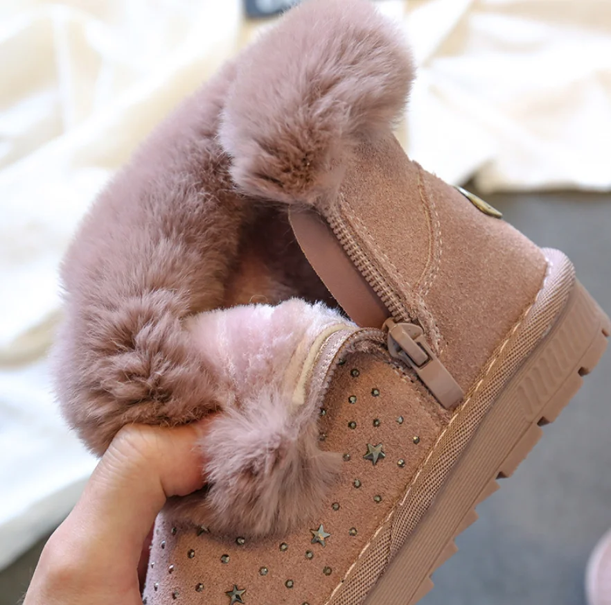 winter kids snow boots baby girls crystal shoes genuine leather fur pink ankle boots school children warm plush boots