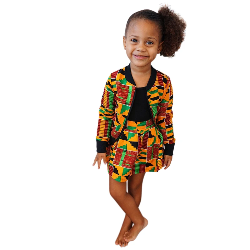 Ethnic Coat Boho Style African Print Zipped Jacket and Skirt for Toddler Girl Long Sleeve Autumn Clothing Set